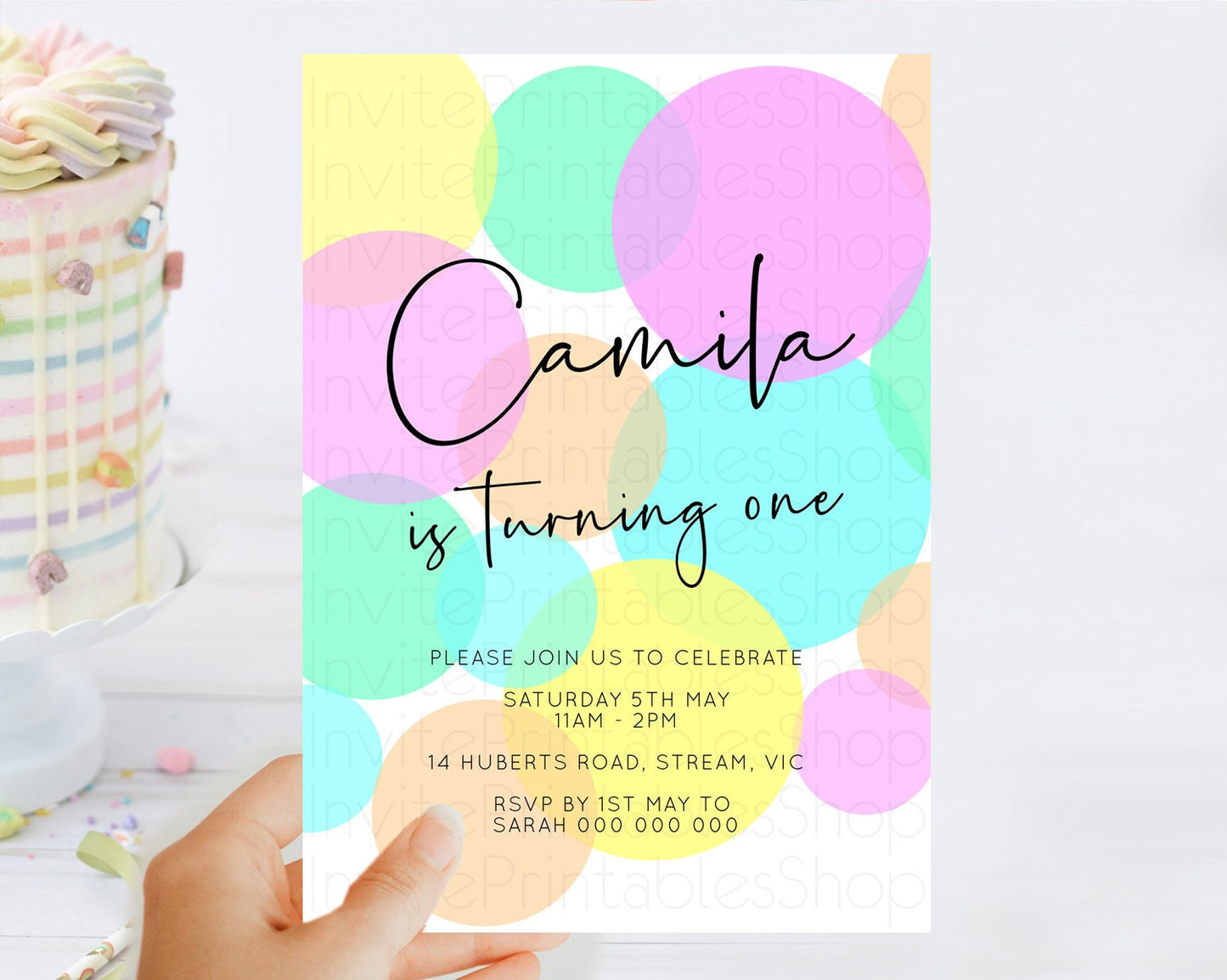 Pastel Birthday Invitation Pastel Confetti Birthday Invitation Bubbles Invitation Colorful Rainbow Confetti 2nd 1st First Birthday D10409
