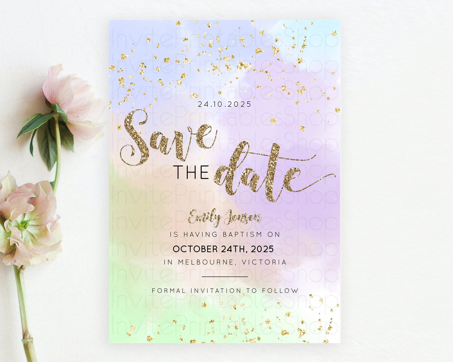 Pastel Save The Date Template Pastel Ombre Rainbow Watercolor Colorful Party For Birthday Baptism Baby Shower Wedding Bridal Shower D10372