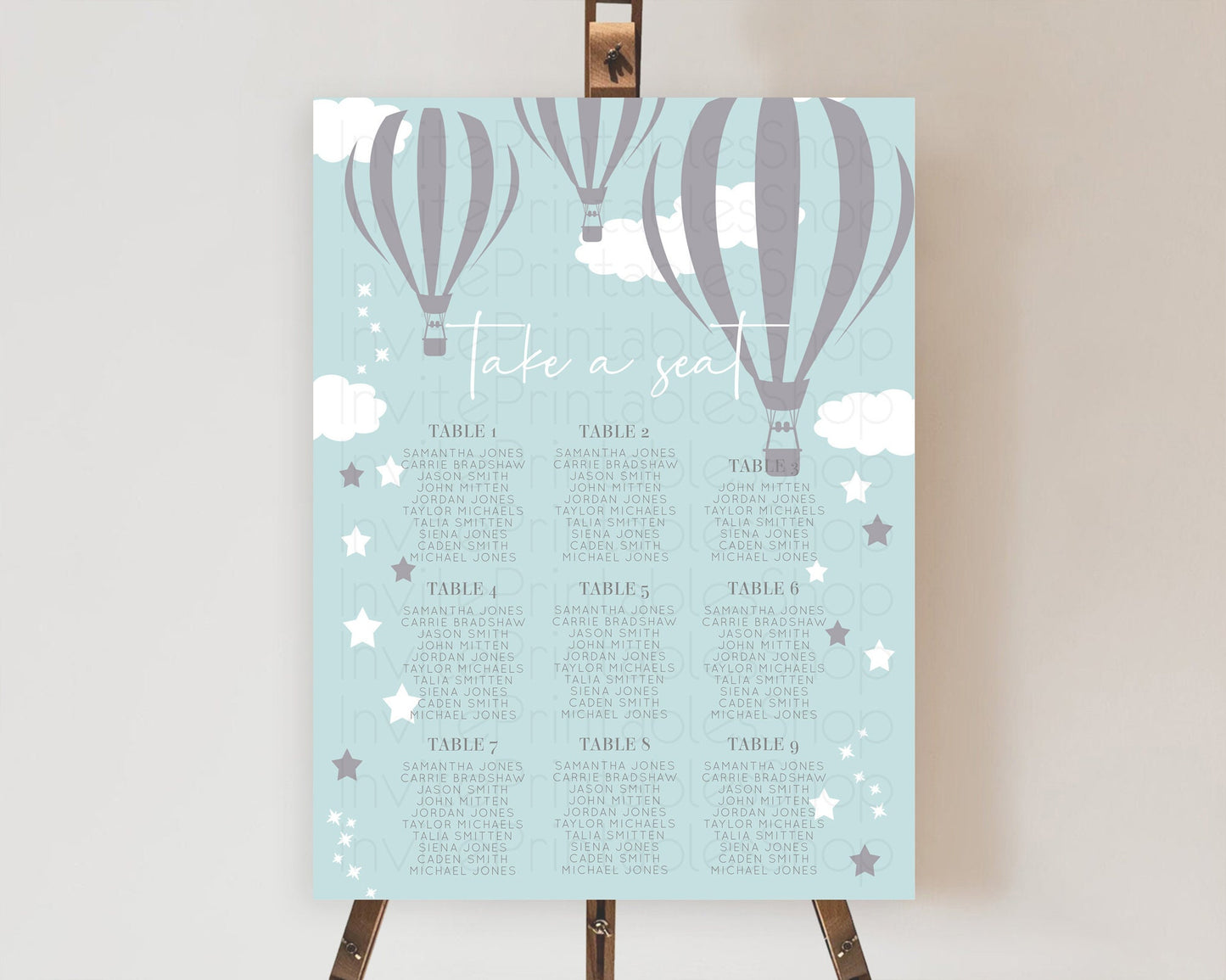 Hot Air Balloon Seating Chart Hot Air Balloon Seating Chart Adventure Awaits Up & Away Glitter Blue Watercolor Seating Take a Seat D10324