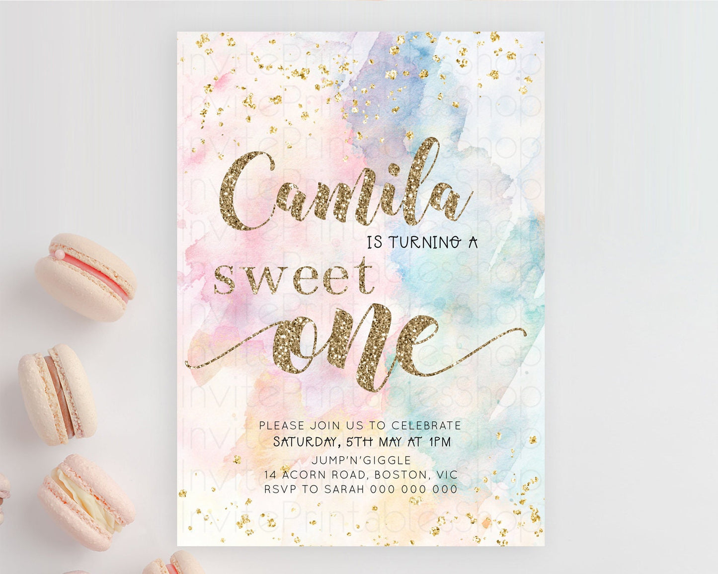 Editable Rainbow Birthday Invitation Glitter Pastel Invitation Colorful Wate