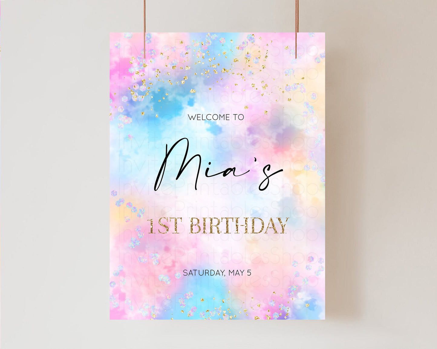 Rainbow Welcome Sign Pastel Clouds Welcome Board Iridescent Hologram Sign Gold Glitter Colorful Party Poster 1st Birthday Pink Blue 589v4