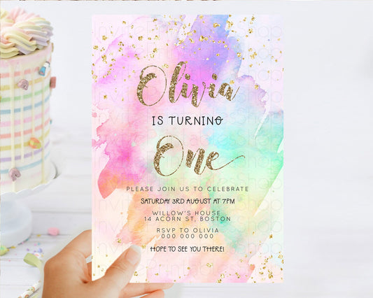 Editable Rainbow Birthday Invitation Colorful Pastel Watercolor Invitation G