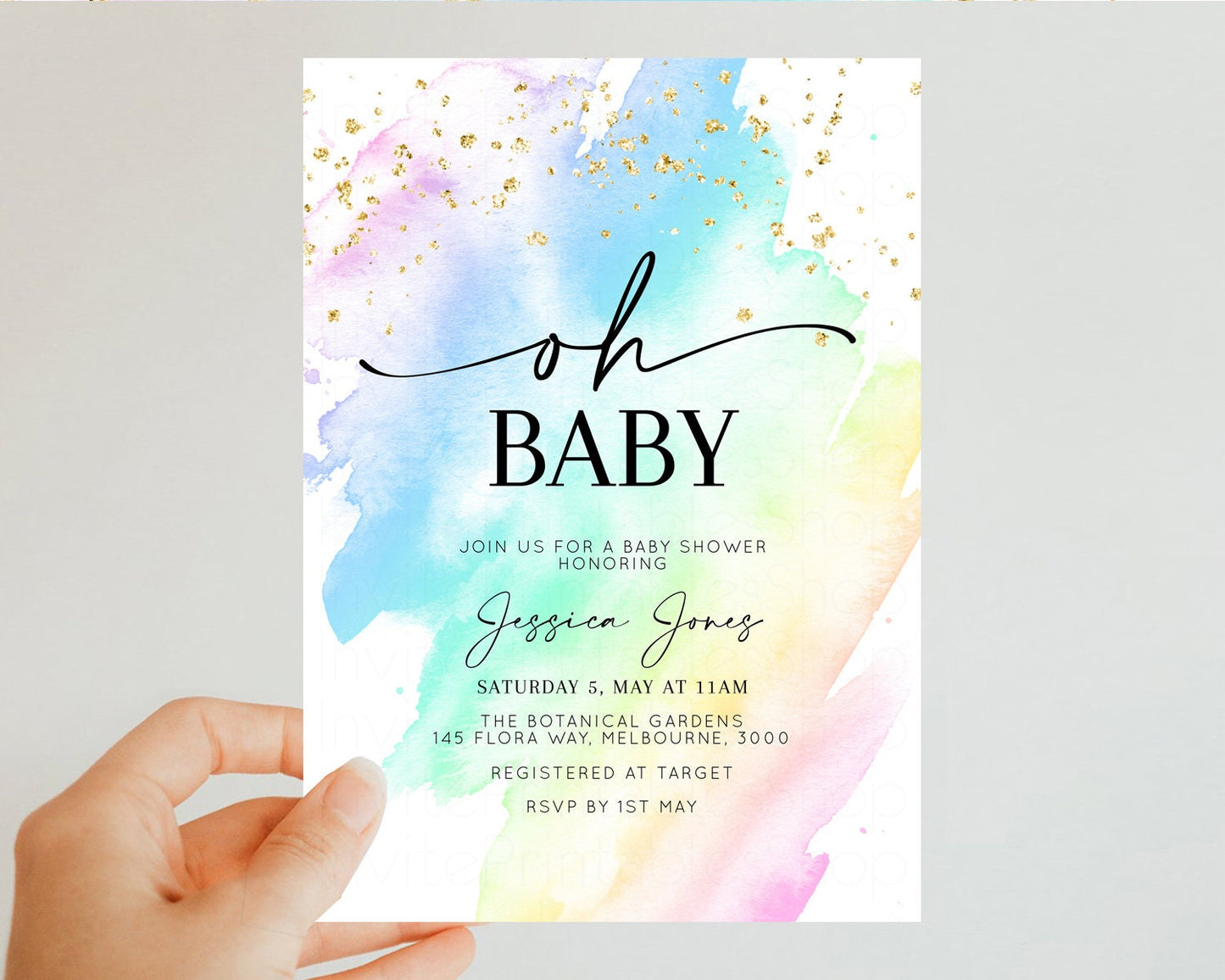 Rainbow Baby Shower Invitation Pastel Baby Shower Invitation Watercolor Ombre Invitation Rainbow Pastel Colors Invite Glitter Confetti t601