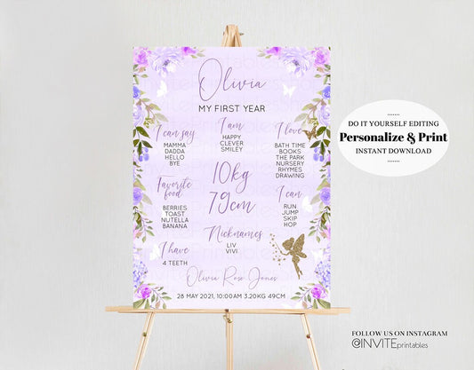 Editable Fairy Milestone Board Floral First Birthday Enchanted Garden Milest