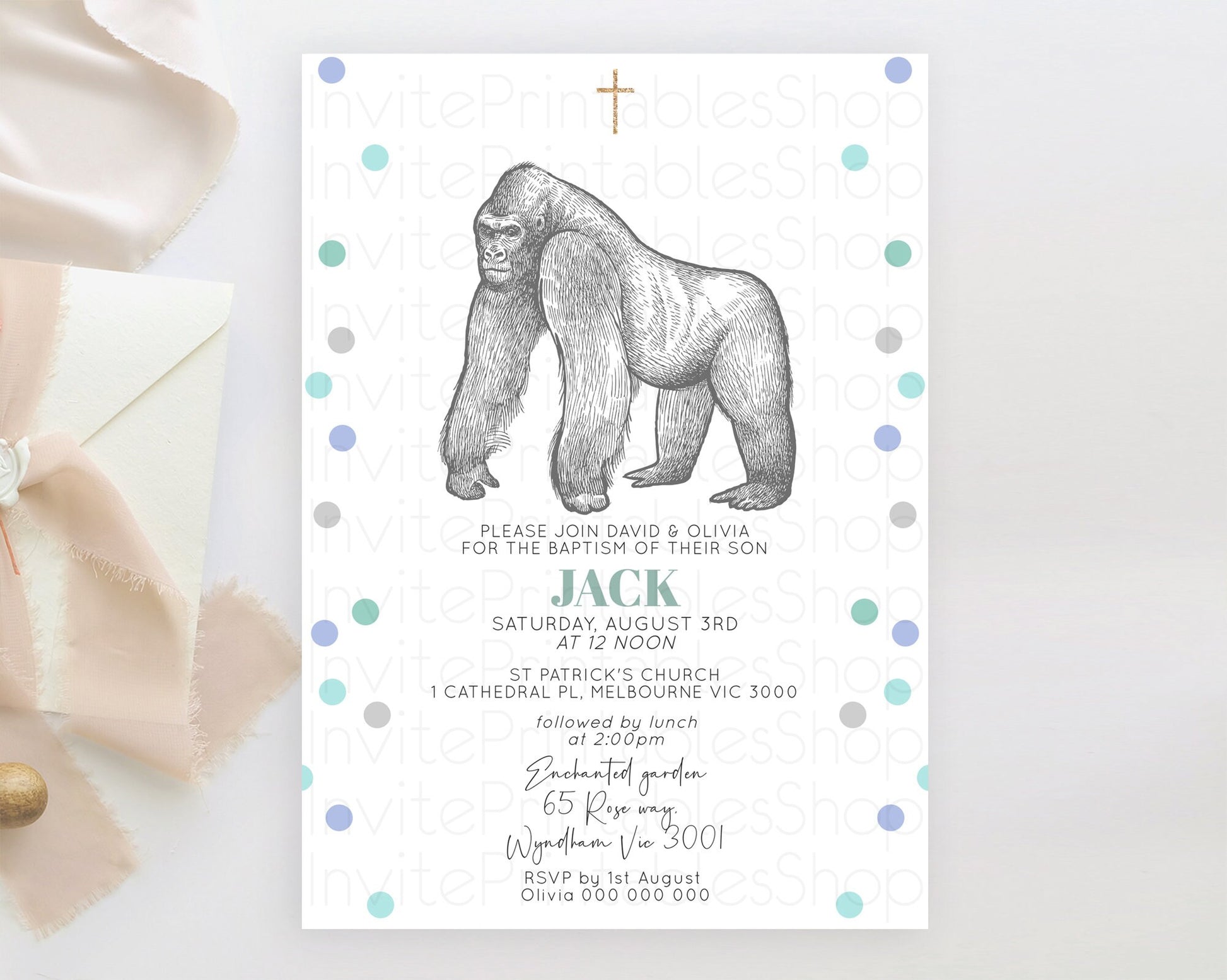 Editable Gorilla Baptism Invitation Gorilla Baptism 1st Birthday Invitation