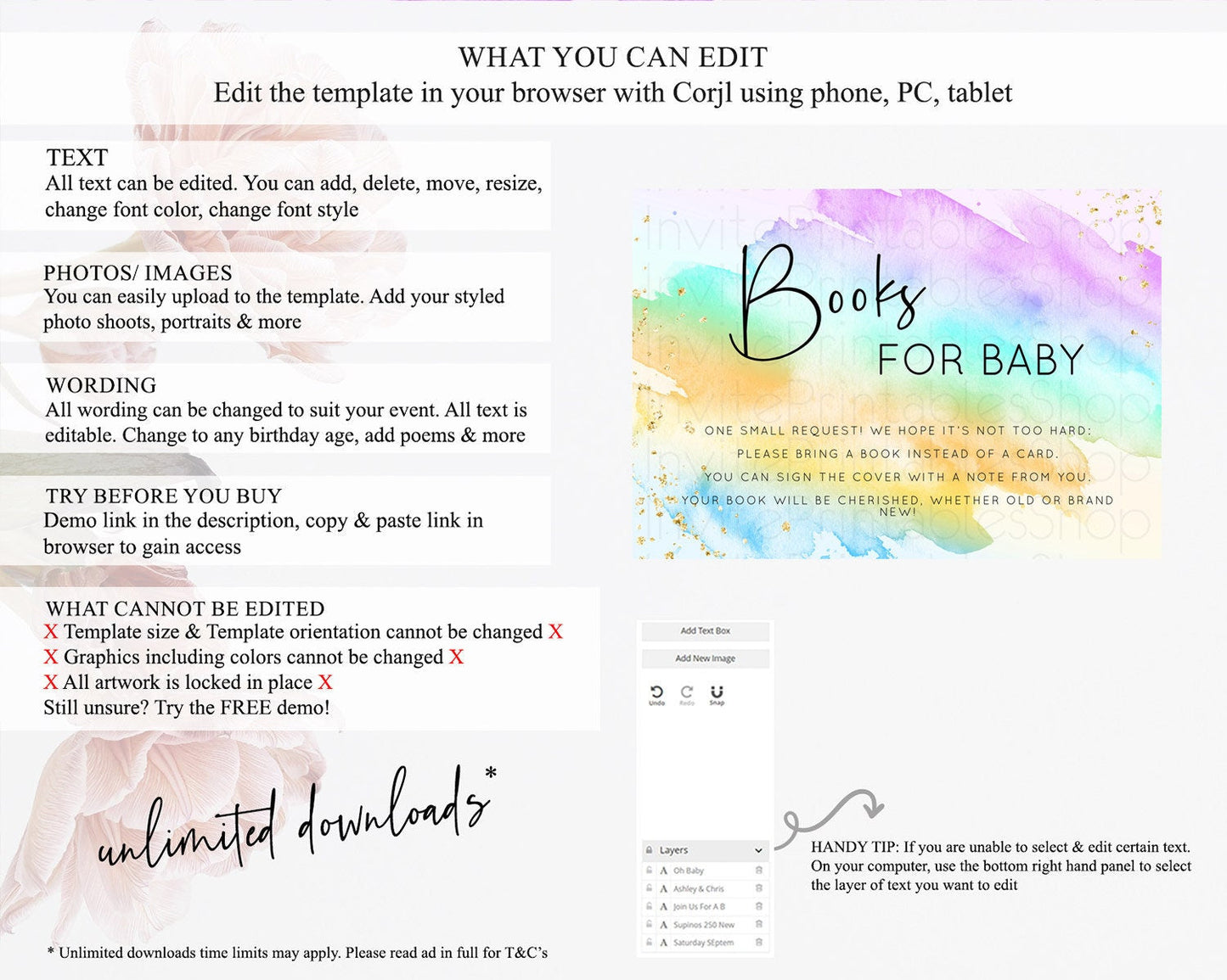 Pastel Books For Baby Card Pastel Rainbow Book Insert Colorful Ombre Watercolor Book Card Confetti Glitter Baby Book Poem Request D10427