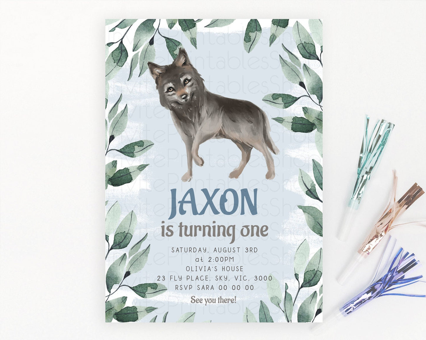 Wolf Birthday Invitation Wolf Invitation Pastel Wolf Birthday Enchanted Forest Woods Wolf Floral Invitation Howling Birthday Party D10142