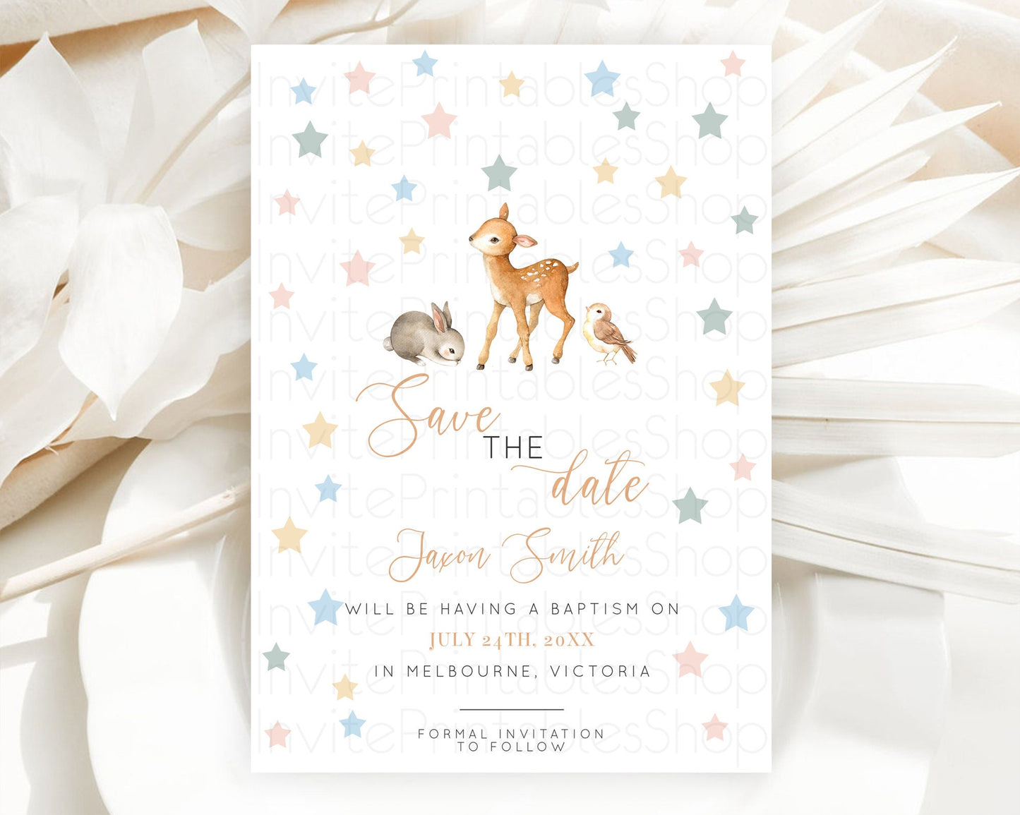 Fawn Deer Save The Date Template Pastel Floral Deer Enchanted Forest Butterfly Party 1st Birthday Baptism Baby Shower Bridal Shower D10918