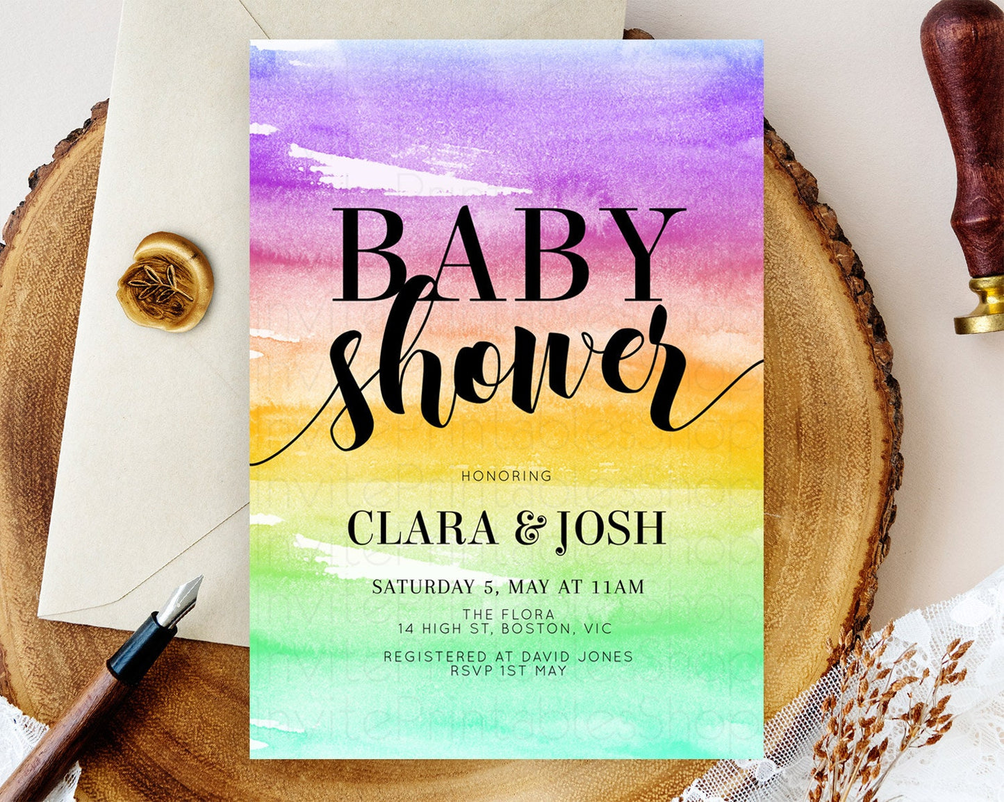 Pastel Baby Shower Invitation Rainbow Baby Shower Invitation Colorful Pastel Watercolor Invitation Gold Glitter Sprinkles Ombre D10524