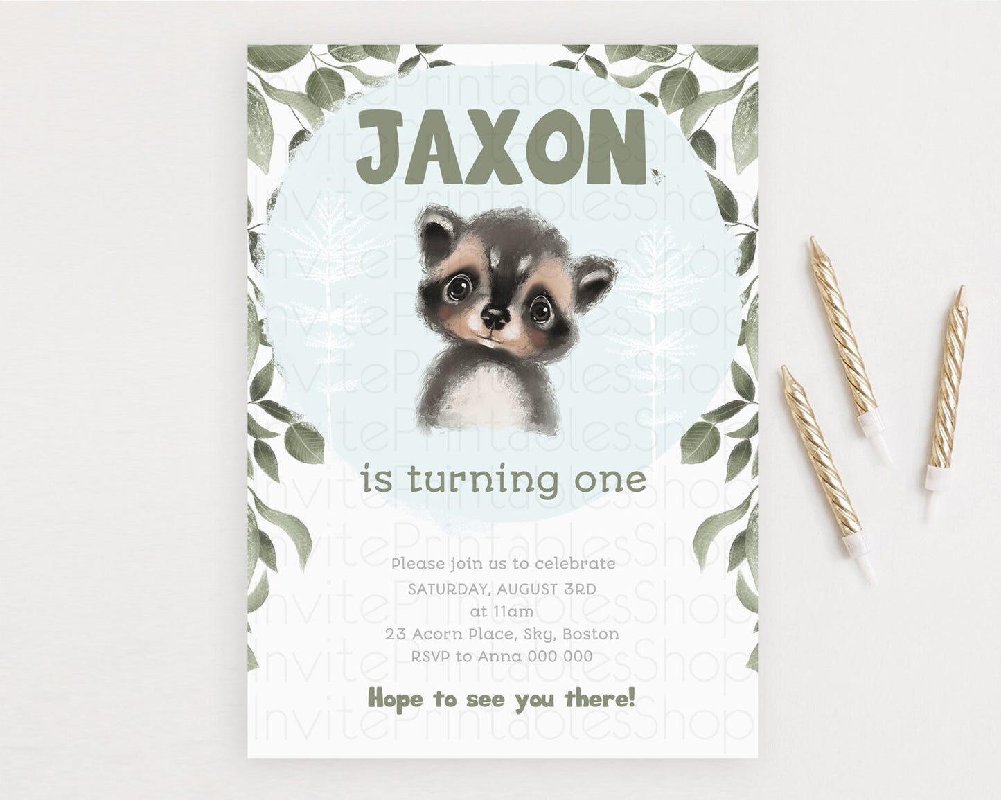 Raccoon Birthday Invitation Raccoon Invite Enchanted Forest Adventure Birthday Woodland Invitation Baby Raccoon 1st First Birthday D10100