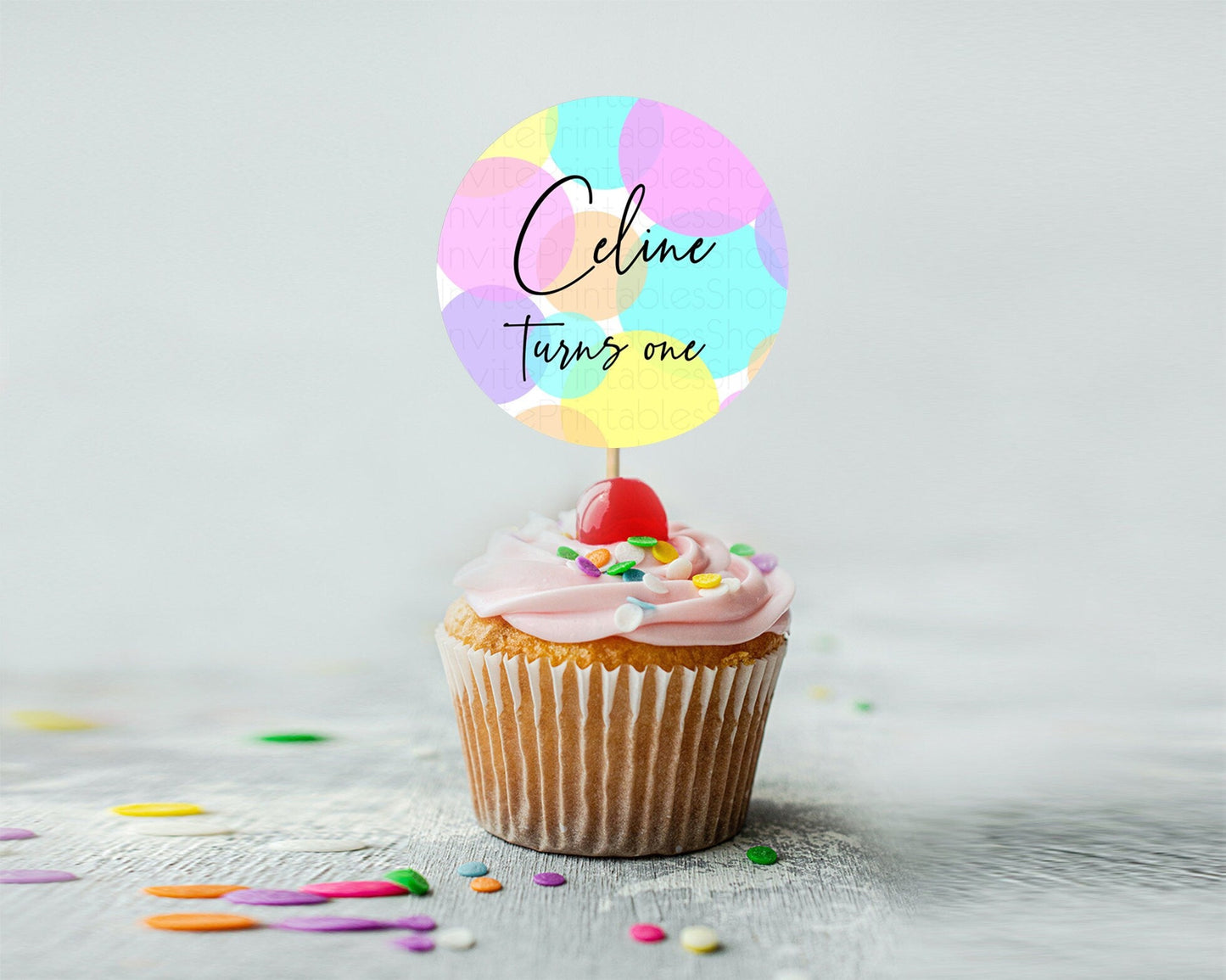 Pastel Cupcake Toppers Pastel Confetti Cupcake Topper Bubbles Sprinkles Colorful Rainbow Confetti Cupcake First Birthday Party Decor D10407