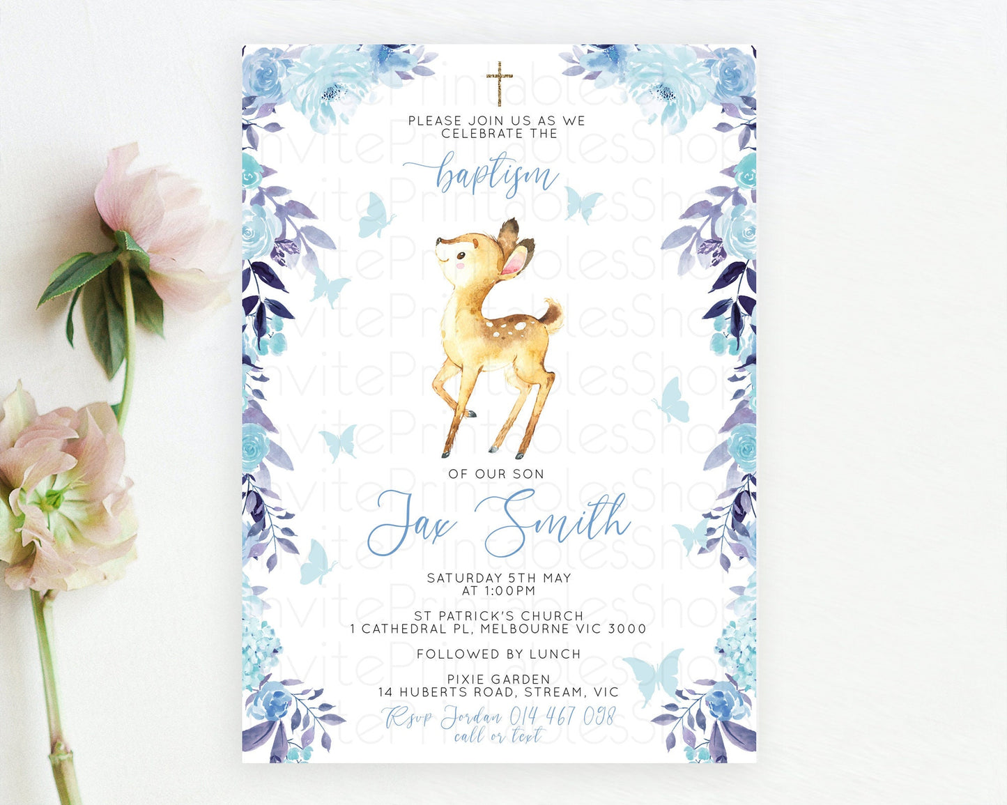 Fawn Baptism Invitation Deer Baptism 1st Birthday Invitation Enchanted Forest Christening Invitation Pastel Garden Butterfly Floral D10917