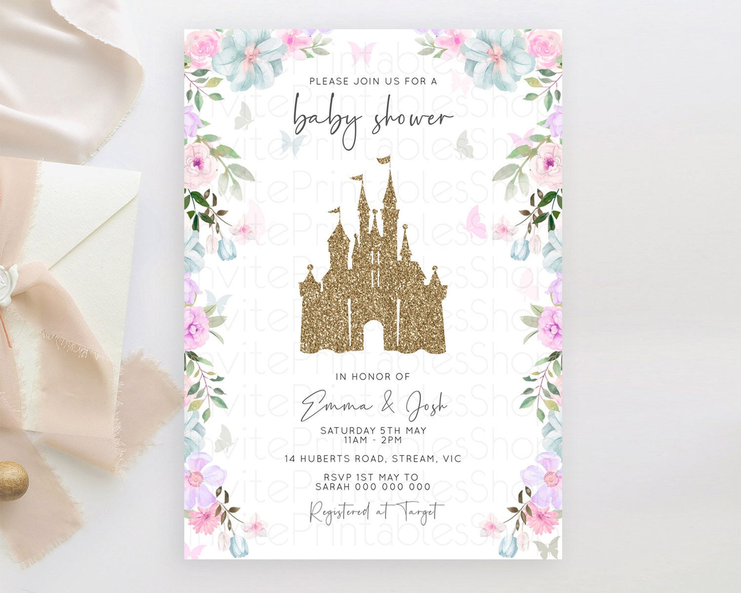 Editable Pastel Princess Baby Shower Invitation Floral Castle Invitation Roy