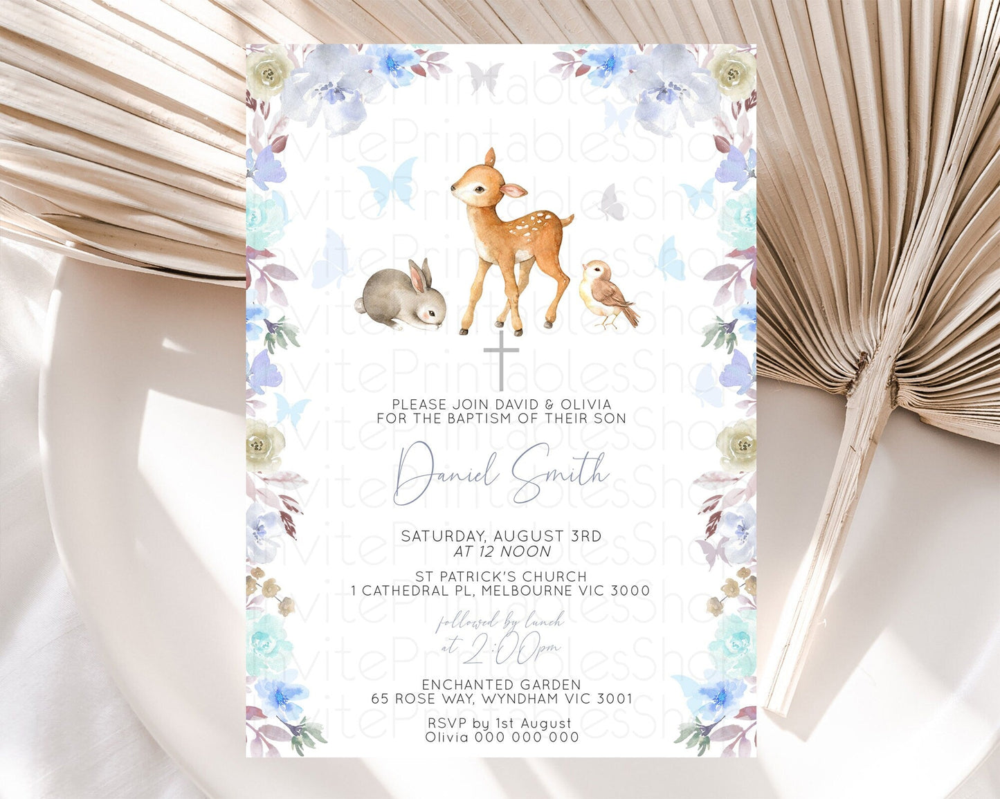 Fawn Baptism Invitation Deer Baptism 1st Birthday Invitation Enchanted Forest Christening Invitation Pastel Garden Butterfly Floral D10929