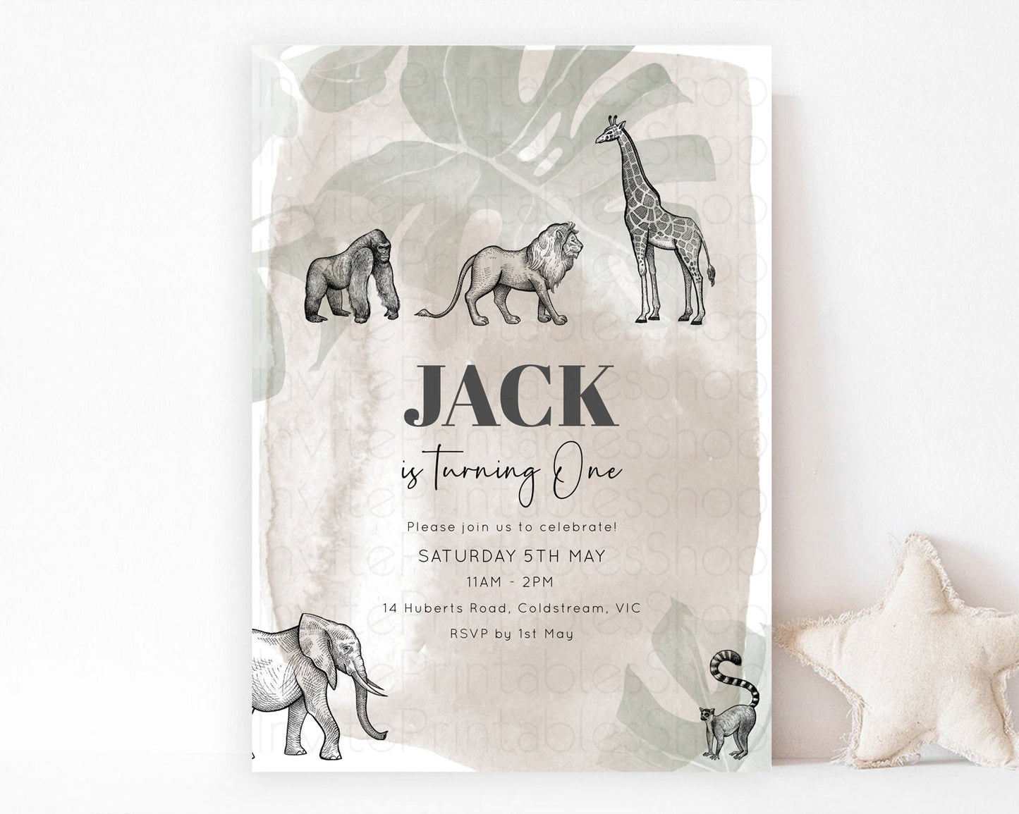 Safari Birthday Invitation Lion Gorilla Elephant Rhino Tropical Palm Jungle Safari Adventure Zoo Party Animal 2nd 1st First Birthday D10822