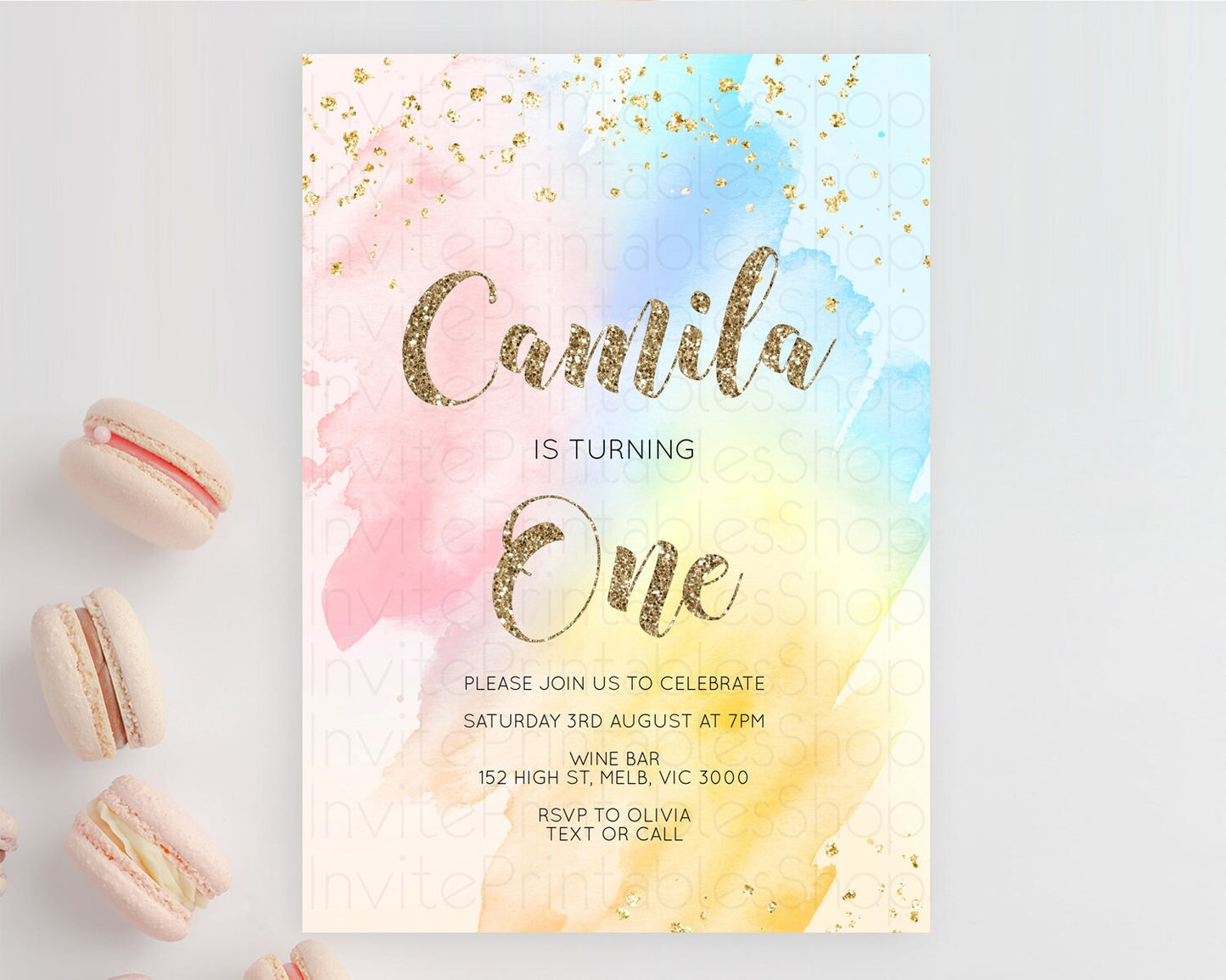 Rainbow Birthday Invitation Colorful Pastel Watercolor Invitation Gold Glitter Sprinkles Ombre Pastel 1st 2nd 3rd Birthday D10556