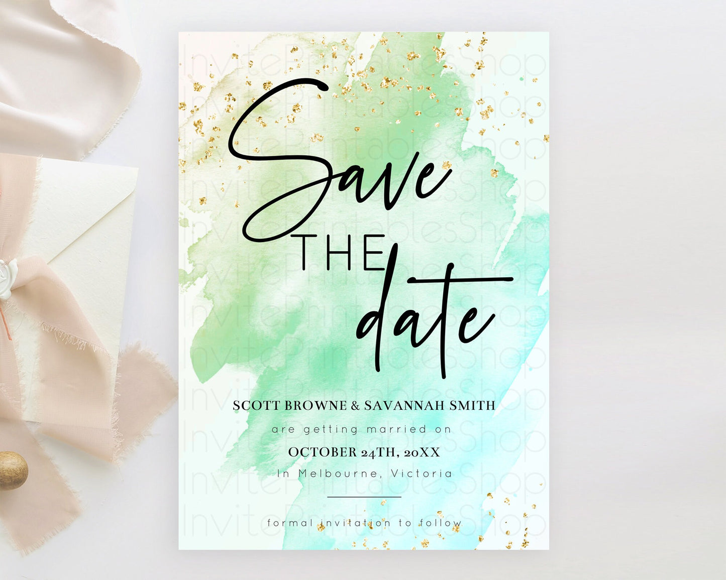 Green Watercolor Save The Date Template Ombre Green Watercolor Splash Party 1st Birthday Baby Shower Wedding Baptism Bridal Shower D10170