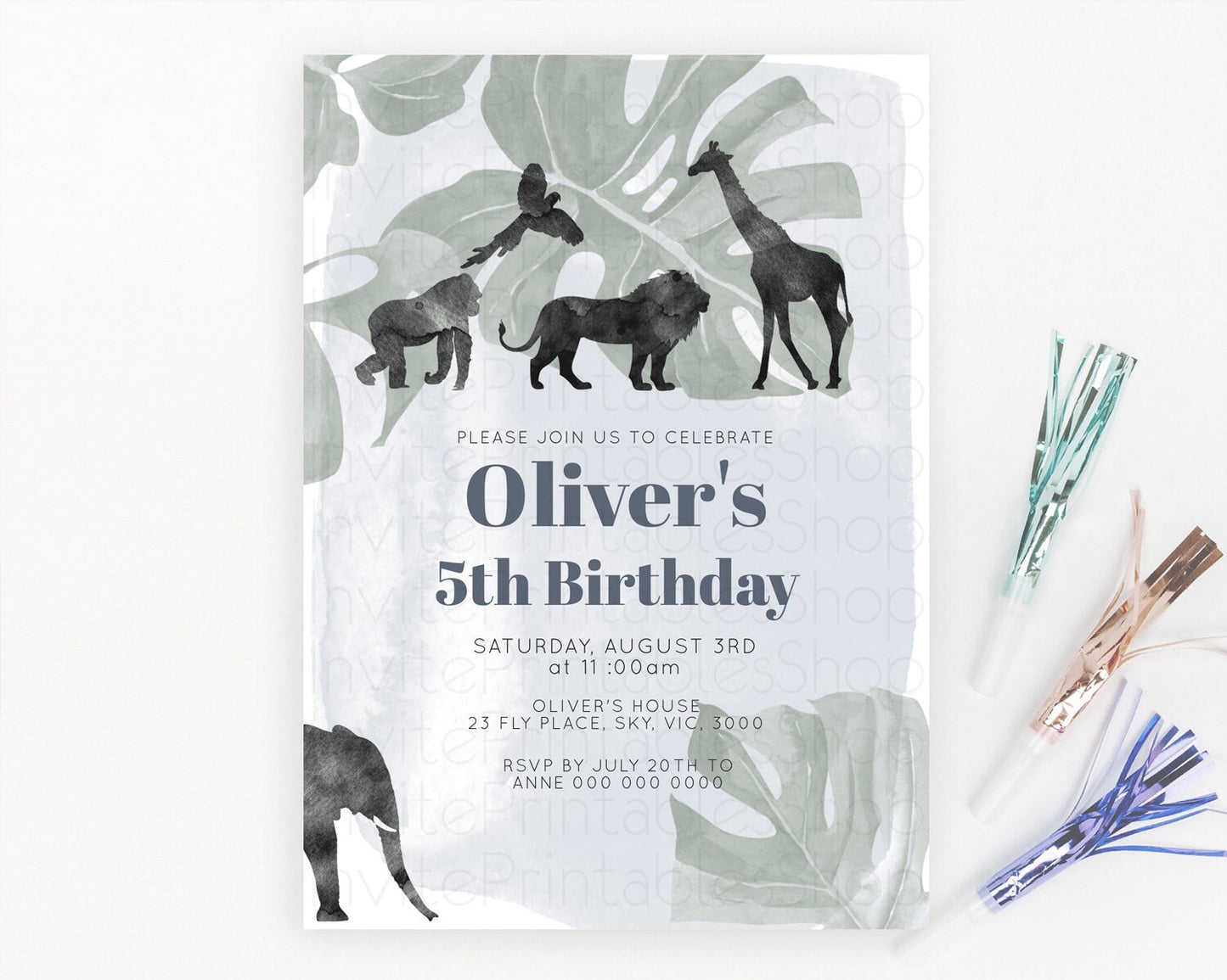 Safari Birthday Invitation Lion Gorilla Elephant Rhino Tropical Palm Jungle Safari Adventure Zoo Party Animal 2nd 1st First Birthday D10203