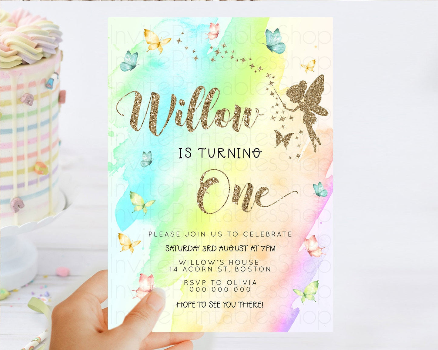 Pastel Fairy Birthday Invitation Pastel Butterflies Fairy Birthday Invitation Rainbow Ombre Watercolor 1st 2nd Birthday Invitation D23329