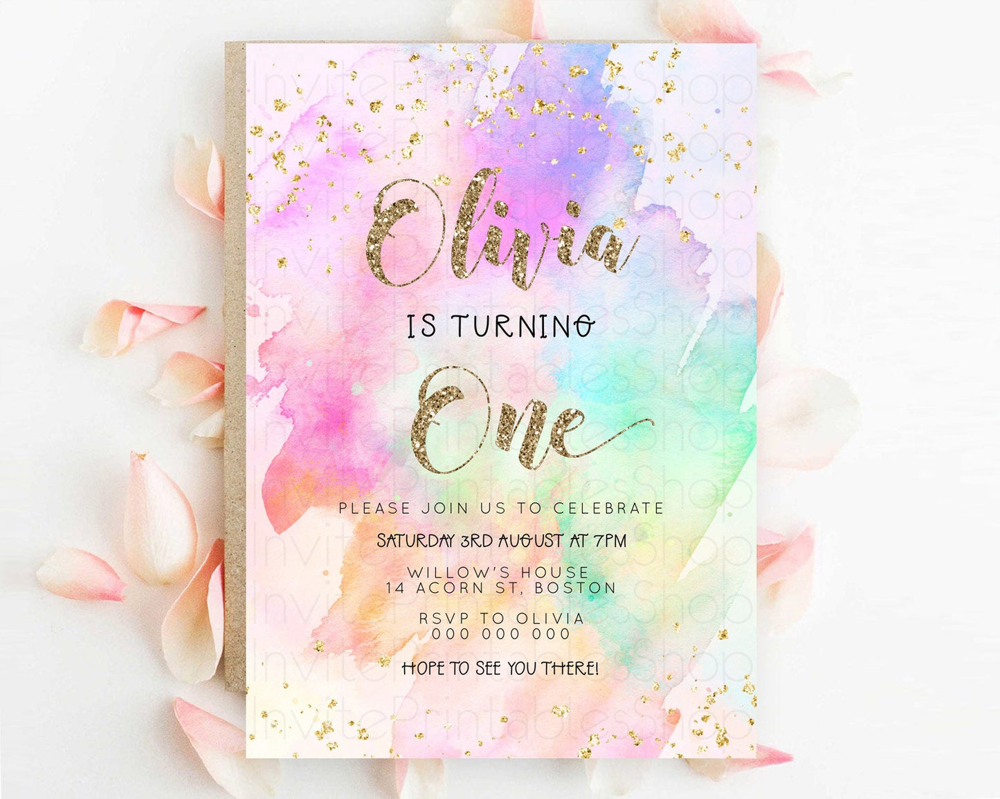 Rainbow Birthday Invitation Colorful Pastel Watercolor Invitation Gold Glitter Sprinkles Ombre Pastel 1st 2nd 3rd Birthday D23290