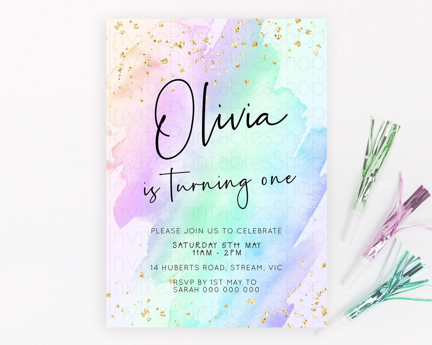 Pastel Birthday Invitation Ombre Watercolor Birthday Invitation Glitter Rainbow Color Splash 1st 2nd 3rd Birthday Invitation D23053