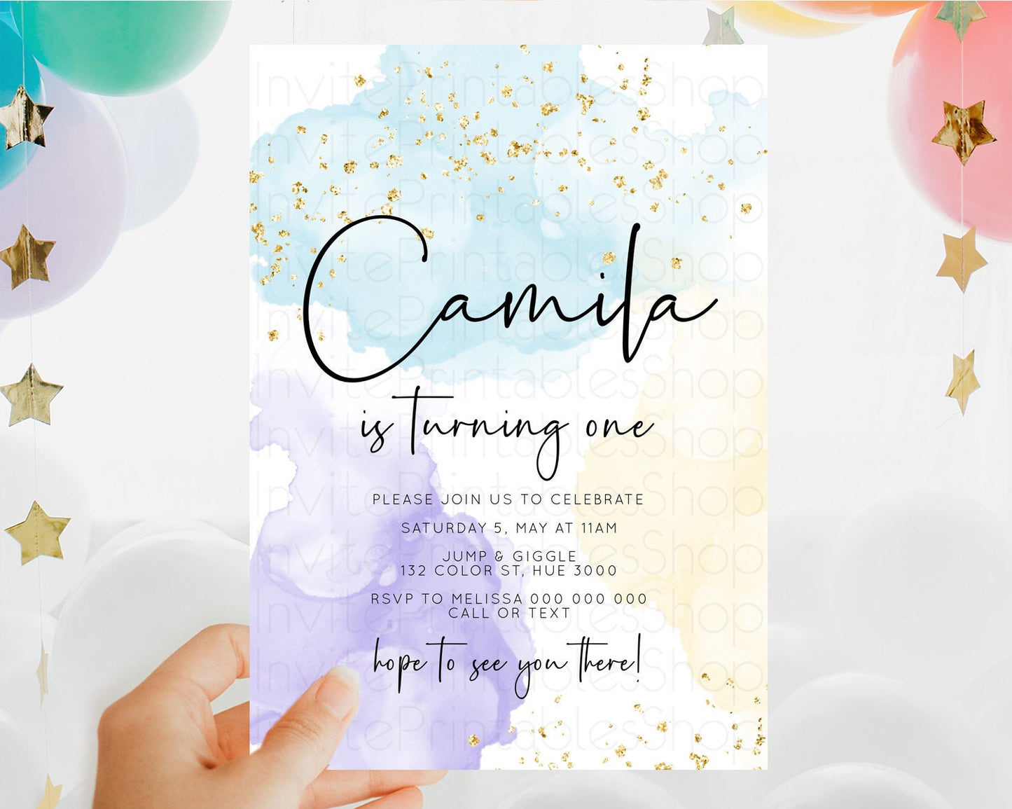 Rainbow Birthday Invitation Colorful Pastel Watercolor Invitation Gold Glitter Sprinkles Ombre Pastel 1st 2nd 3rd Birthday D10208