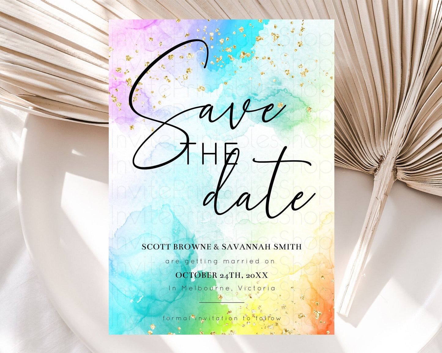 Pastel Save The Date Template Pastel Ombre Rainbow Watercolor Colorful Party For Birthday Baptism Baby Shower Wedding Bridal Shower D10771