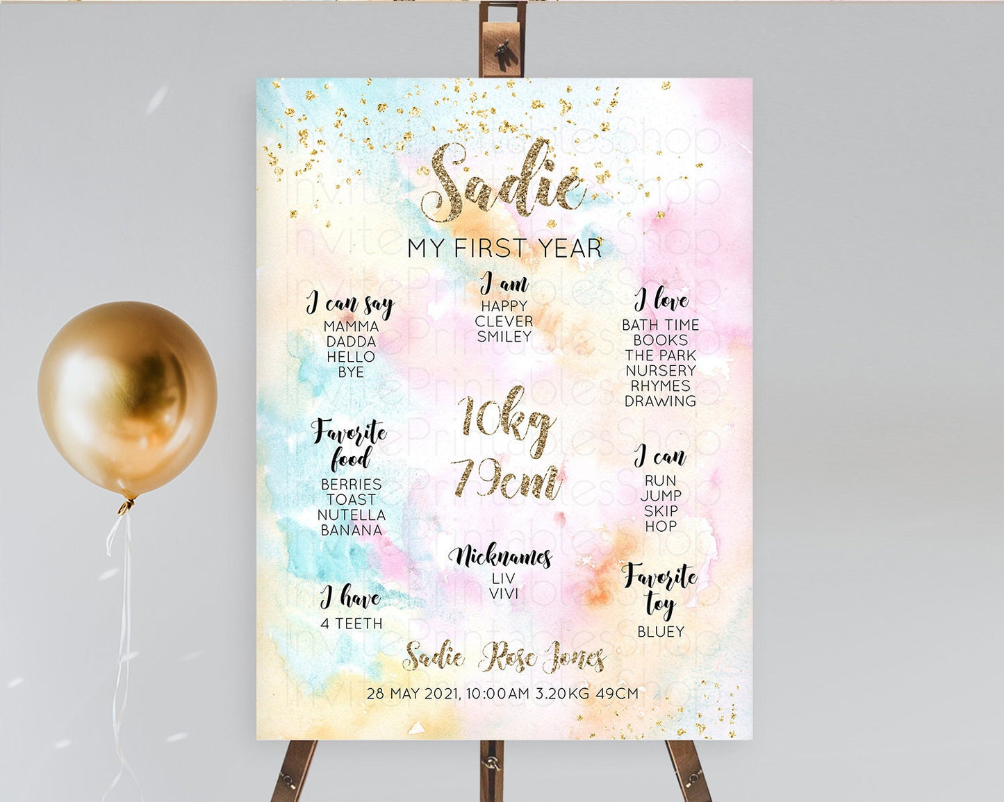 Pastel First Birthday Milestone Board Pastel Rainbow Milestone Poster Colorful Confetti Watercolor Glitter 1st Birthday Welcome Sign D10548