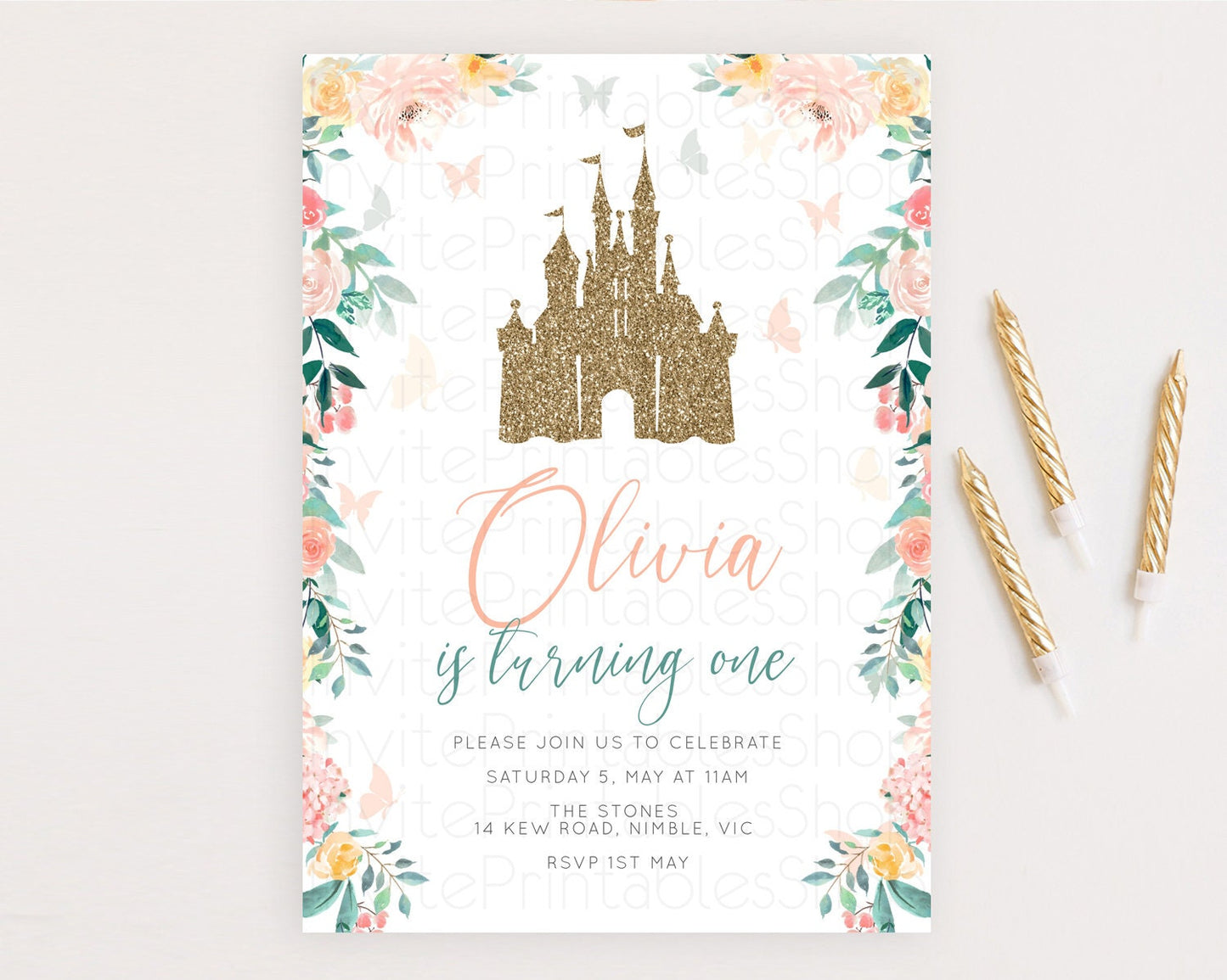 Princess Birthday Invitation Castle Invitation Royal Birthday Fairy Tale Enchanted Castle Pastel Floral Garden 1st First Birthday D10925