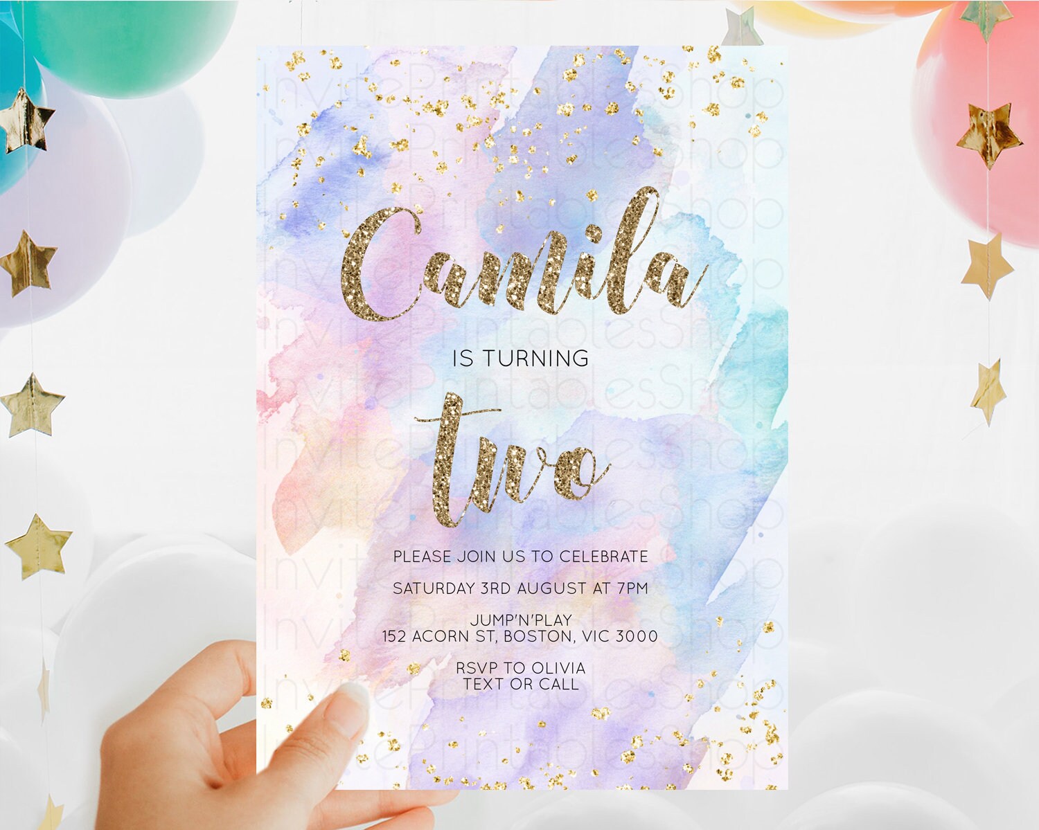 Editable Rainbow Birthday Invitation Colorful Pastel Watercolor Invitation G