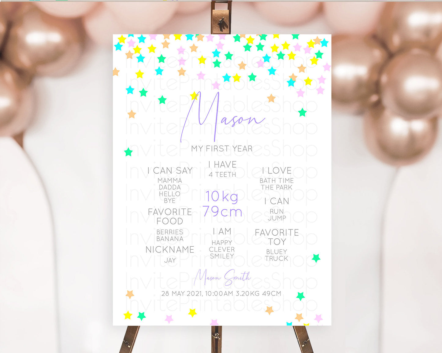 Star First Birthday Milestone Poster Pastel Stars Milestone Shooting Star Rainbow Colorful Confetti Twinkle Little Star 1st Birthday D10394