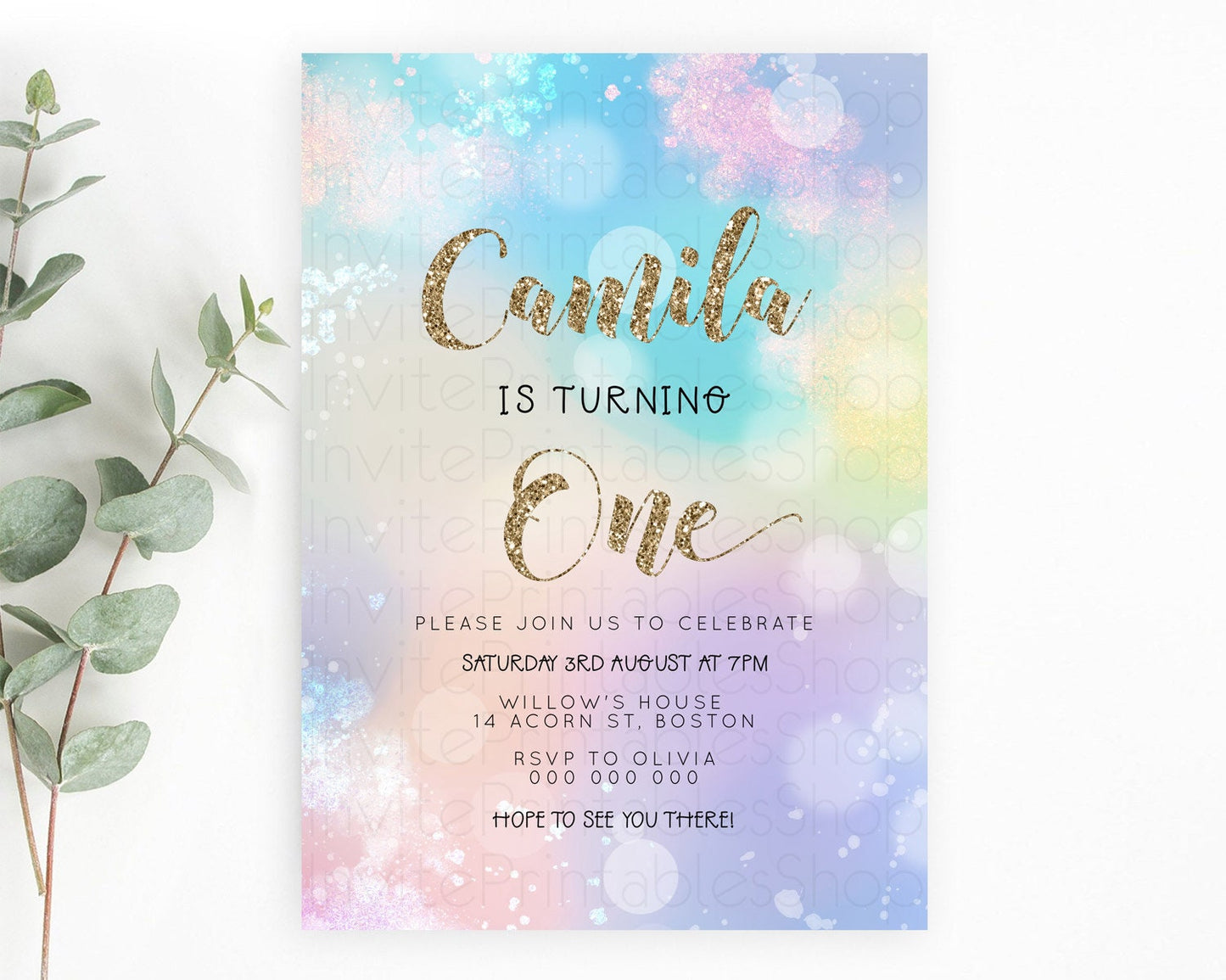 Rainbow Birthday Invitation Colorful Pastel Watercolor Invitation Gold Glitter Sprinkles Ombre Pastel 1st 2nd 3rd Birthday D23129