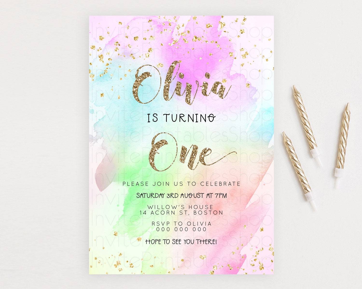 Editable Rainbow Birthday Invitation Colorful Pastel Watercolor Invitation G