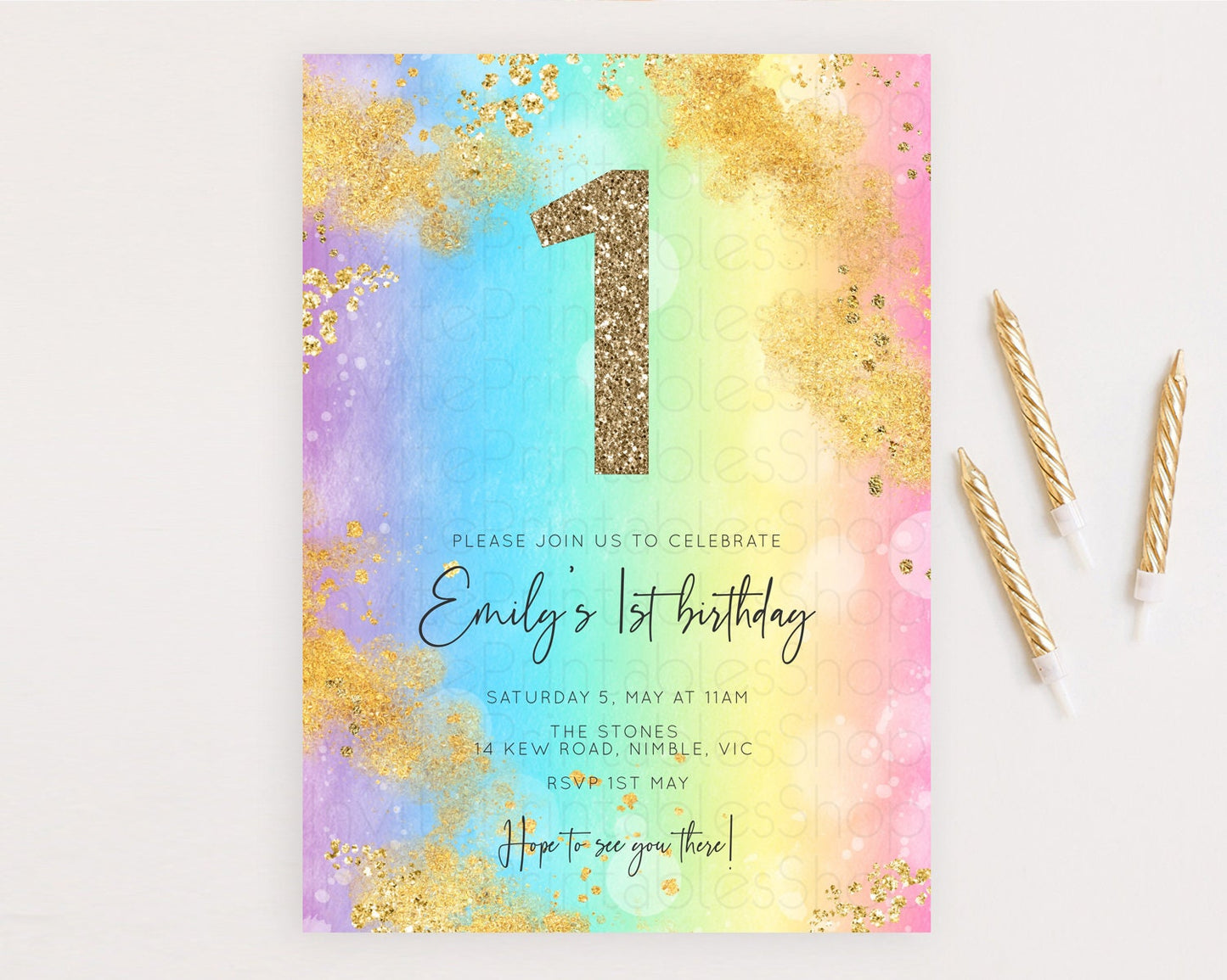 Rainbow Birthday Invitation Colorful Pastel Watercolor Invitation Gold Glitter Sprinkles Ombre Pastel 1st 2nd 3rd Birthday D10559