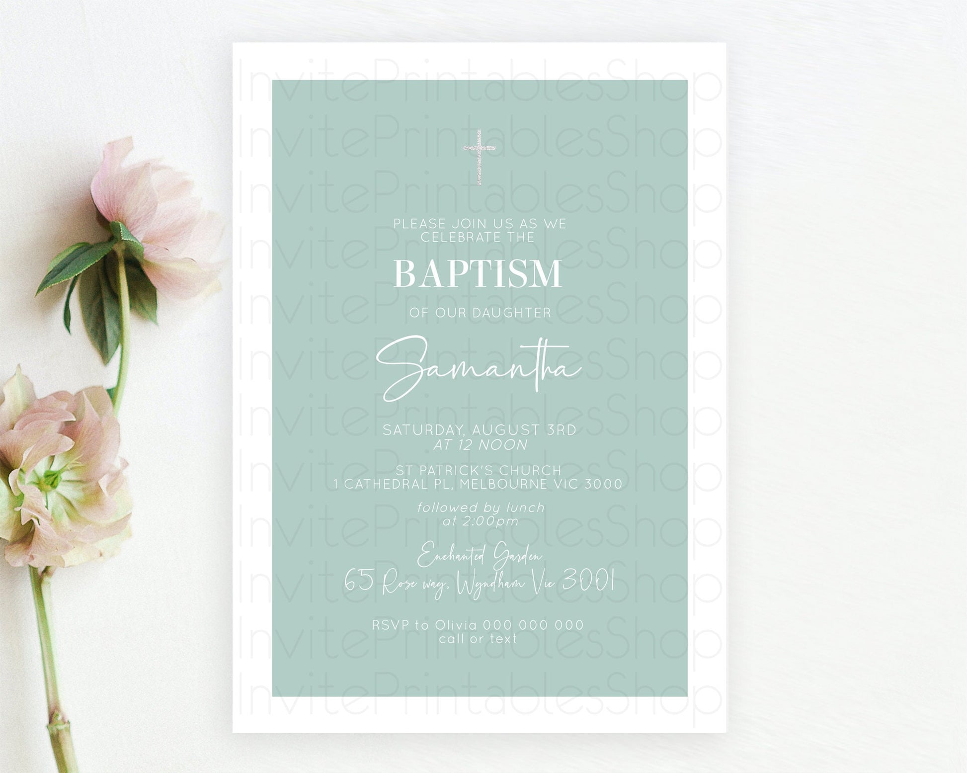 Editable Green Baptism Invitation Plain Green Baptism 1st Birthday Invitatio