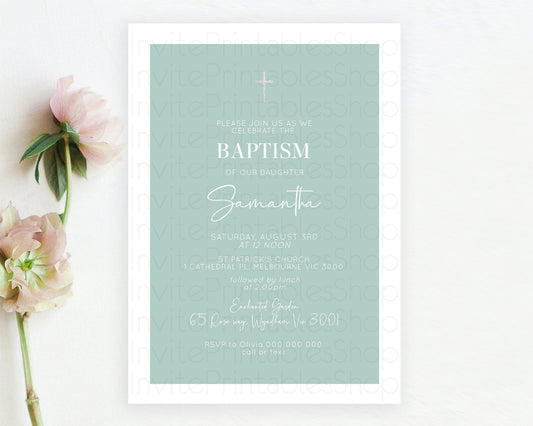 Editable Green Baptism Invitation Plain Green Baptism 1st Birthday Invitatio