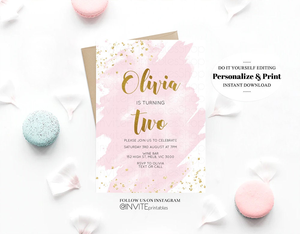 Pink Birthday Invitation Pink Splash Watercolor Invite Gold Glitter Sprinkles Ombre Pastel Invitation 1st 2nd 3rd Printable Editable Invite