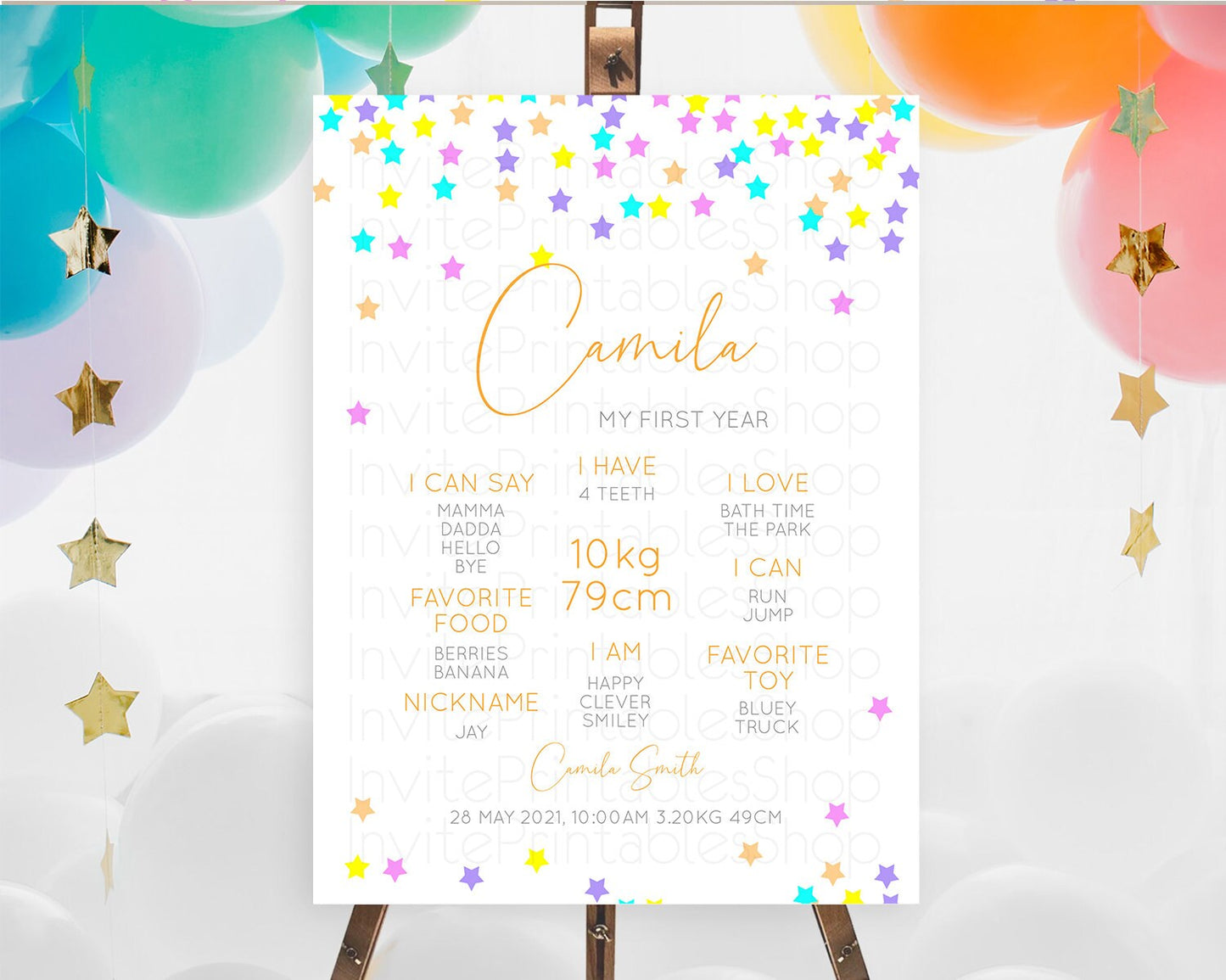 Star First Birthday Milestone Poster Pastel Stars Milestone Shooting Star Rainbow Colorful Confetti Twinkle Little Star 1st Birthday D10397