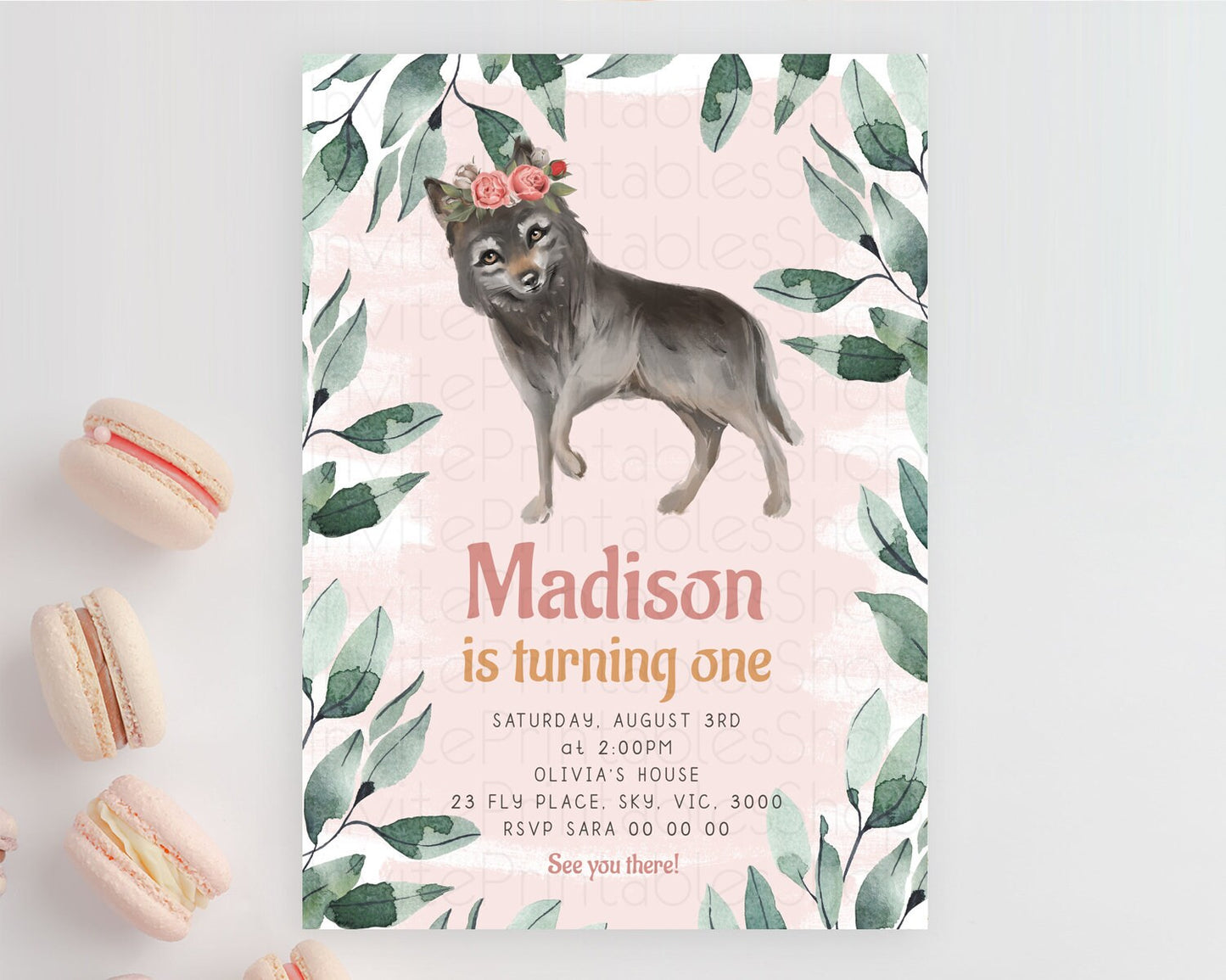 Wolf Birthday Invitation Wolf Invitation Pastel Wolf Birthday Enchanted Forest Woods Wolf Floral Invitation Howling Birthday Party D10535