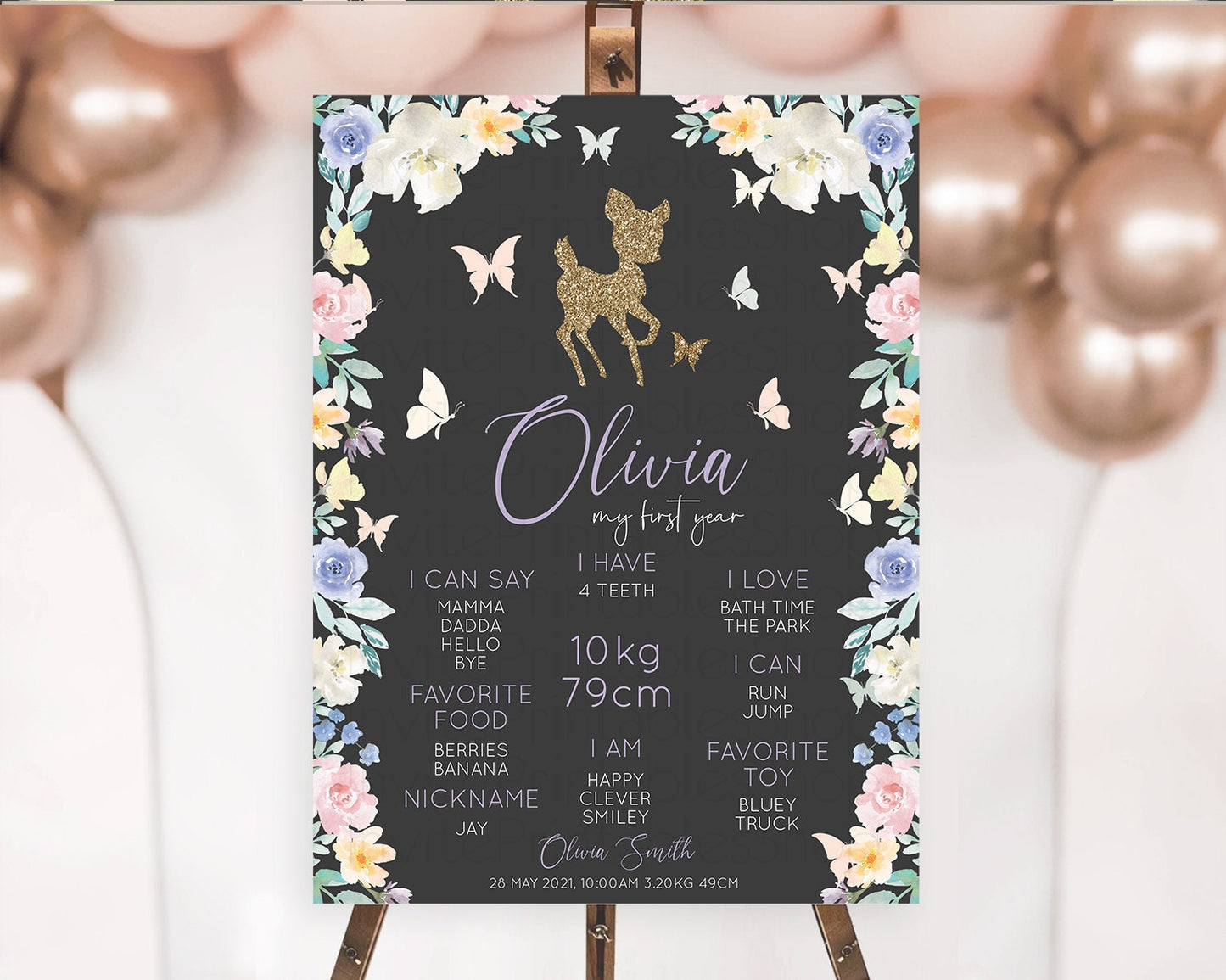 Fawn First Birthday Milestone Board Deer First Birthday Milestone Poster Enchanted Forest Butterfly Pastel Flowers 1st Birthday Sign D10323