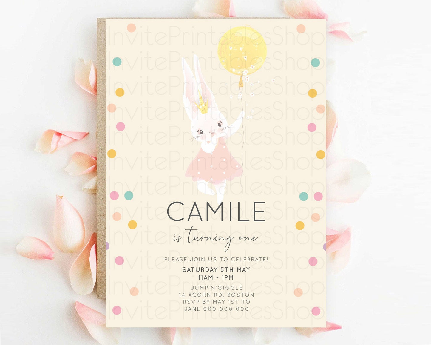 Bunny Birthday Invitation Pastel Bunny Invitation Bunny Balloon Invites Pastel Confetti Balloon Bunny Invites 2nd 1st First Birthday 199v4