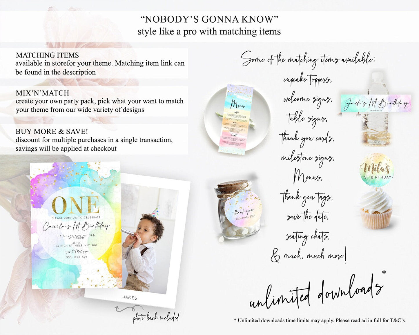 Rainbow Birthday Invitation Colorful Pastel Watercolor Invitation Gold Glitter Sprinkles Ombre Pastel 1st 2nd 3rd Birthday D10213