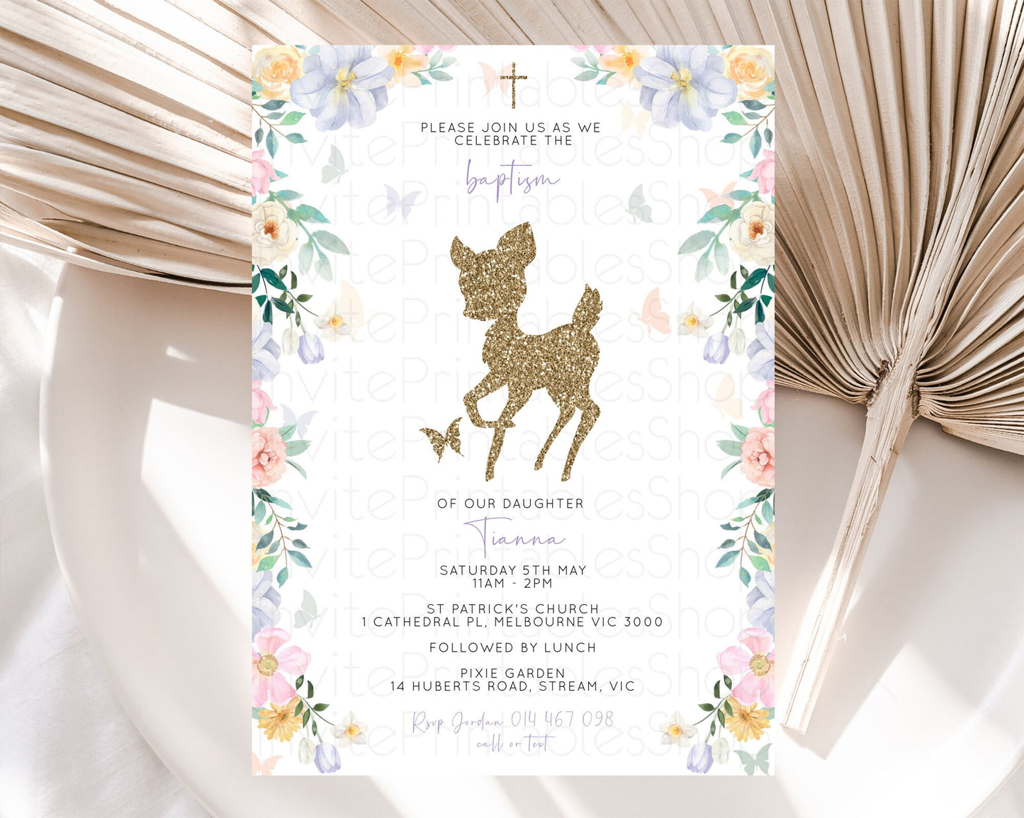 Fawn Baptism Invitation Deer Baptism 1st Birthday Invitation Enchanted Forest Christening Invitation Pastel Garden Butterfly Floral D10477