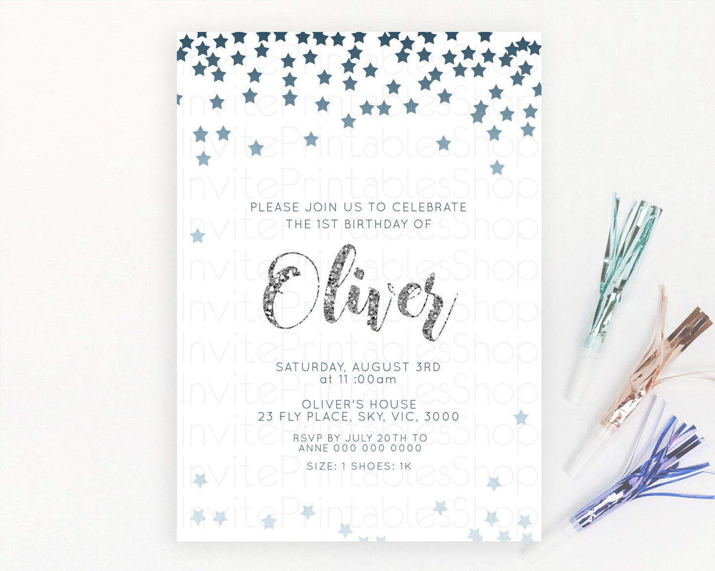 Star Birthday Invitation Pastel Stars Invite Shooting Star Party Rainbow Colorful Confetti Twinkle Little Star 2nd First Birthday D10330