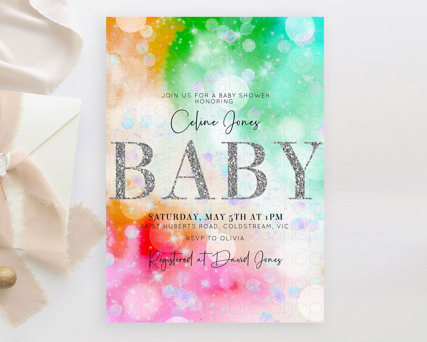 Colorful Baby Shower Invitation: Pastel Watercolor, Ombre Rainbow, Green, Orange, Blue, Red Pink, Silver Glitter, Iridescent Confetti D10691