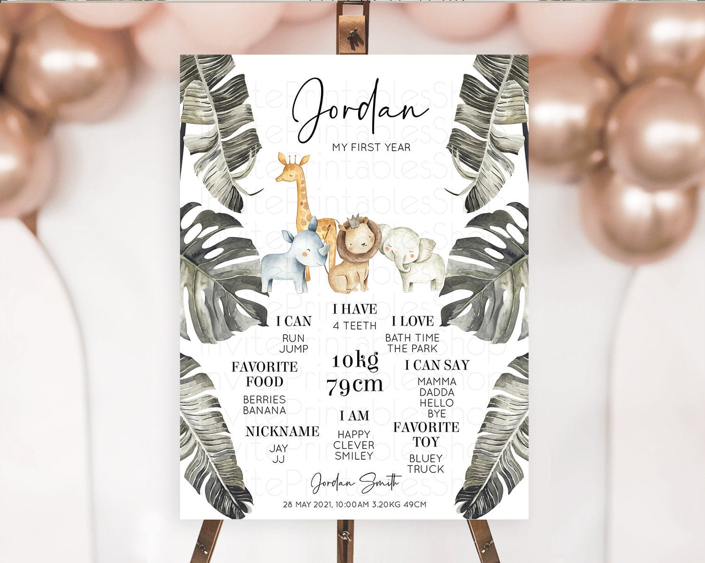 Safari First Birthday Milestone Poster Lion Gorilla Elephant Rhino Tropical Palm Jungle Zoo Party Animal 1st Birthday Welcome Sign D10599