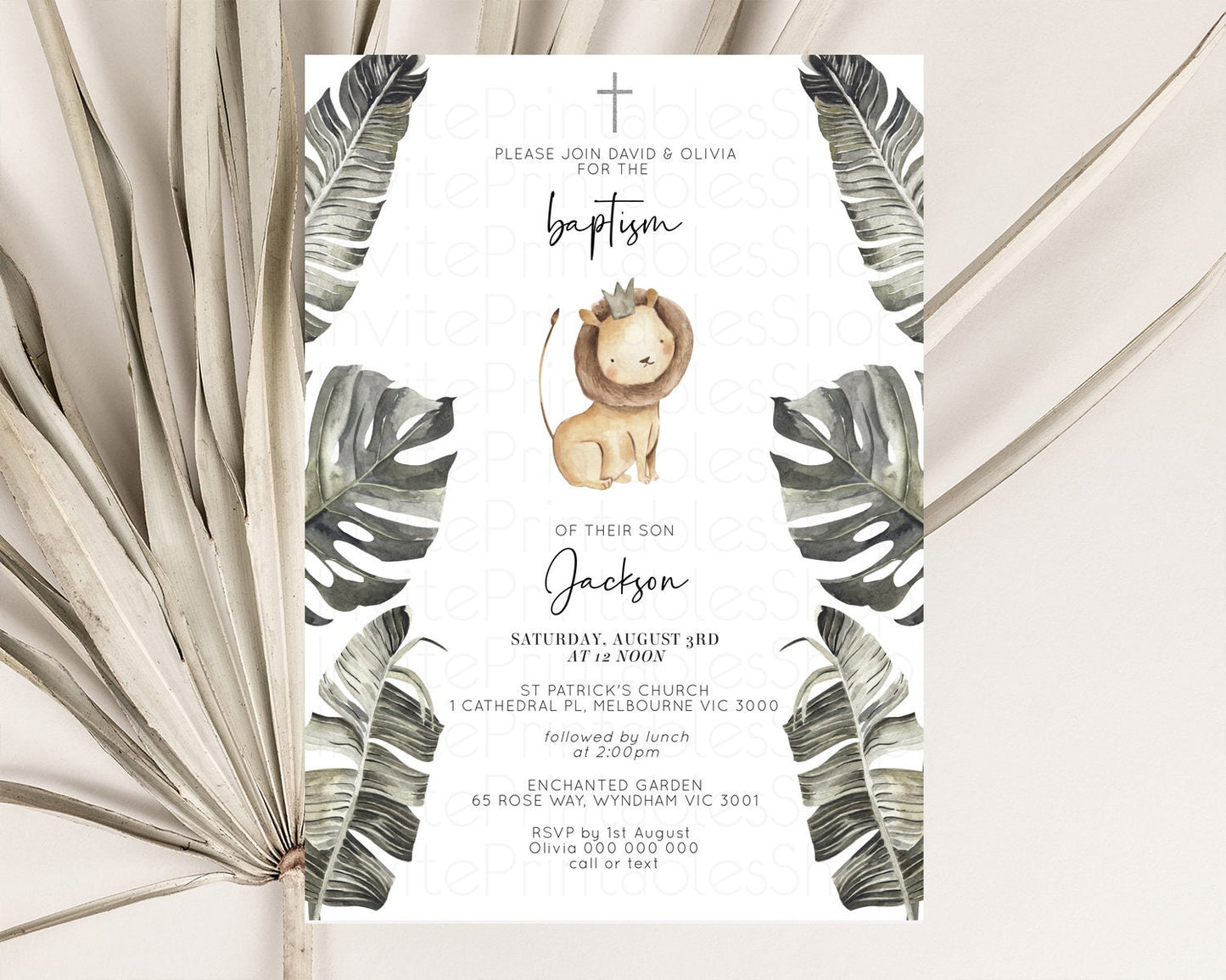 Cute Lion Baptism Invitation Baby Lion Cub Christening Invitation Watercolor Safari Jungle Baby Lion Palm Leaf Holy Communion 584