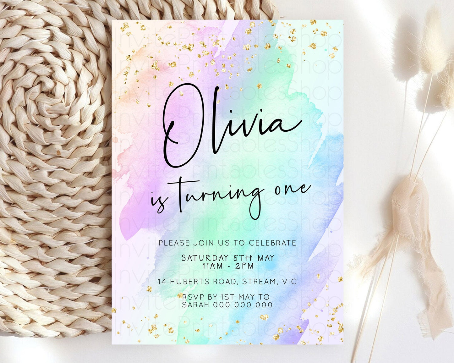 Pastel Birthday Invitation Ombre Watercolor Birthday Invitation Glitter Rainbow Color Splash 1st 2nd 3rd Birthday Invitation D23053