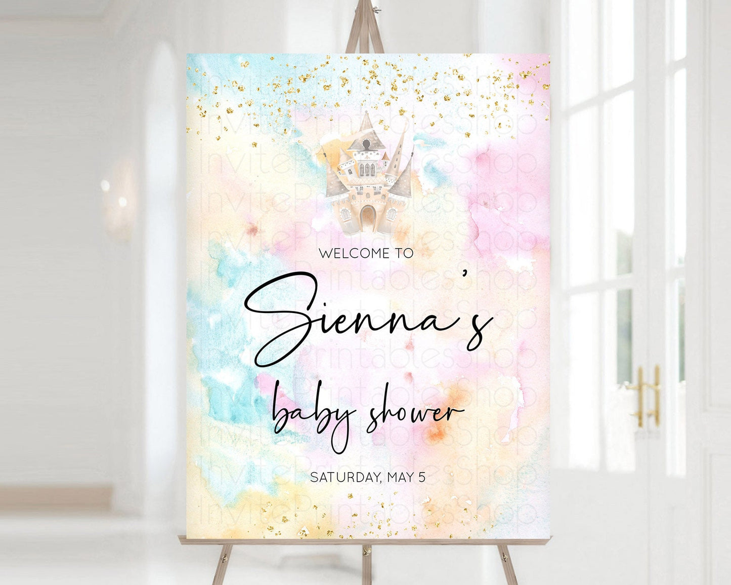 Princess Baby Shower Welcome Sign Pastel Princess Welcome Board Pastel Rainbow Colorful Enchanted Castle Watercolor Welcome Sign D11029