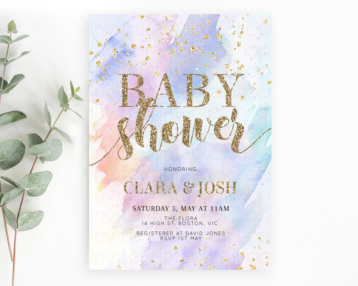 Pastel Baby Shower Invitation Rainbow Baby Shower Invitation Colorful Pastel Watercolor Invitation Gold Glitter Sprinkles Ombre D10583